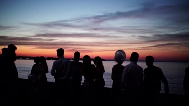 Μια Ομάδα Νεαρών Ανθρώπων Συναντιούνται Την Αυγή Στην Παραλία — Αρχείο Βίντεο