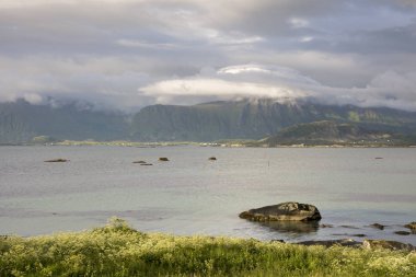 Norveç'te Lofoten, Eggum, gece yarısı güneşi ile Panorama