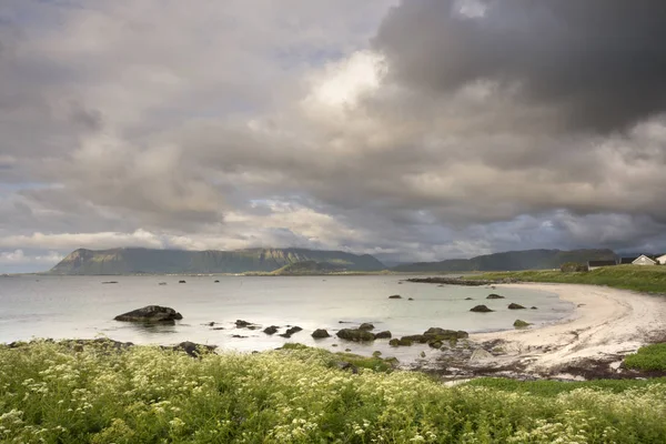 Panorama Mit Mitternachtssonne Auf Eggum Auf Den Lofoten Norwegen — Stockfoto