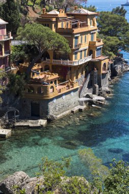 manzara, ev ve Villa Cenova İtalya Portofino sahil boyunca denizde