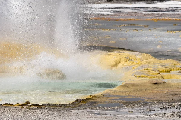 Fountain Paint Pot trail between gayser, boiling mud pools and burnt trees in in Yellowstone National Park  in Wyoming