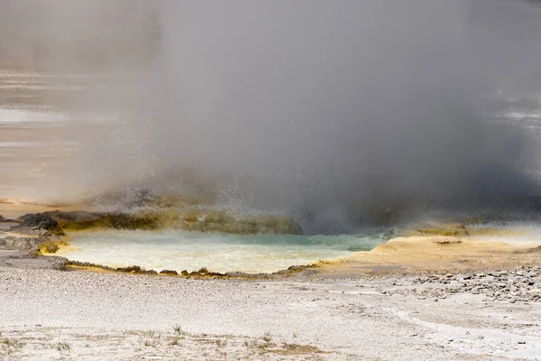 Fountain Paint Pot Trail Tussen Gayser Kokend Modderpoelen Verbrande Bomen — Stockfoto