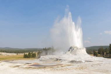 Wyoming 'deki Yellowstone Ulusal Parkı' ndaki eski sadık havzada sadık bir gayzer.