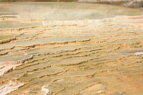 美国怀俄明州巨型温泉的温泉和石灰岩地层 — 图库照片