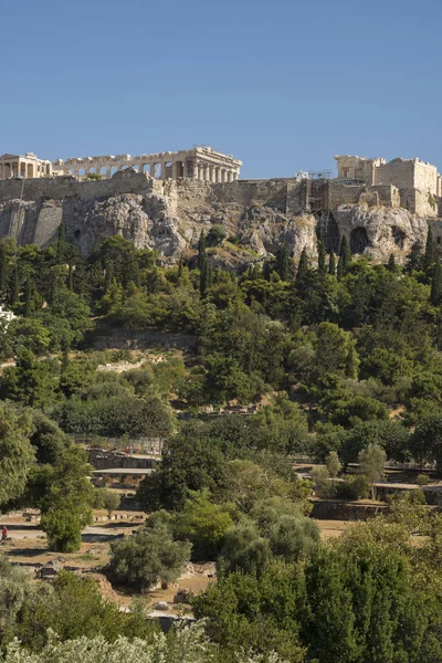 Atina Daki Akropolis Tapınağı Yunanistan Daki Agora Dan Görülüyor — Stok fotoğraf