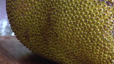 Masanın üzerinde yer alan ekmek meyvesinin (jackfruit) yakın çekim derisi. Kesilen bir yerden bir damla meyve suyu damlatma