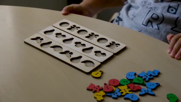 Autistic Child Collects Colored Jigsaw Puzzles Forms Help Teacher — Stock Video