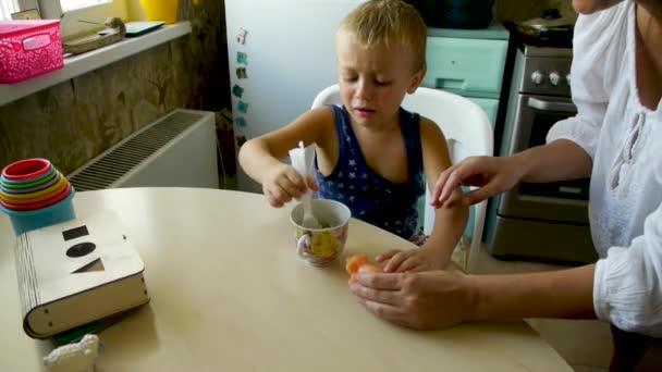 Autistisch Kind Huwt Weigert Taak Van Assistent Kat Voeden Van — Stockvideo