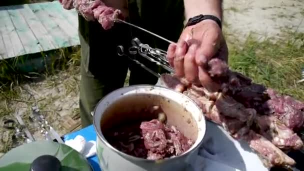 Man Puts Barbecue Skewer — Stock Video