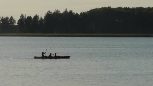 Gente Kayak Lago Por Noche Puesta Del Sol — Vídeo de stock