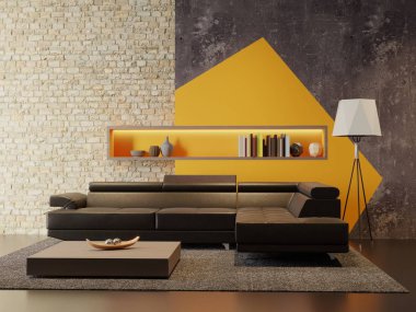 Bir beton duvar ile modern bir oturma odası çizimi