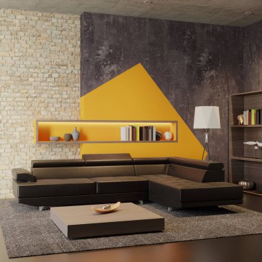 Bir beton duvar ile modern bir oturma odası çizimi