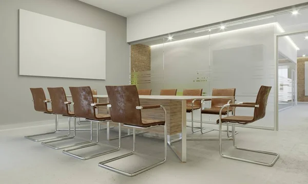 Design of the meeting room. Brown chairs, spacious, matt glass table