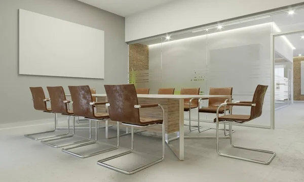 Toplantı oda tasarımı. Kahverengi sandalyeler, geniş, matt cam masa