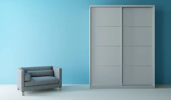 Interior of a room. A cabinet, a sofa on a blue wall background