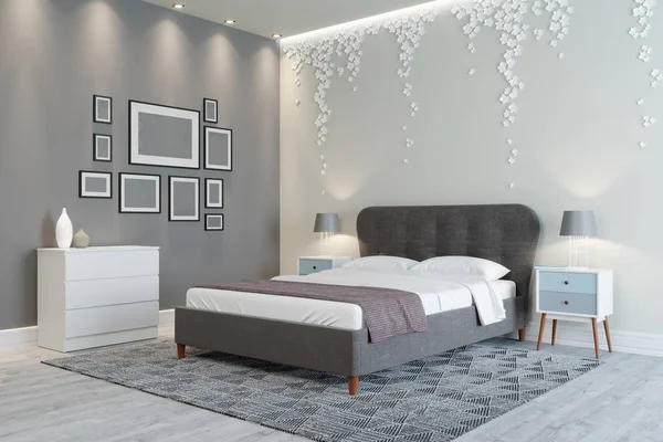 Design of a cozy bedroom. Light colors.Wall decorated
