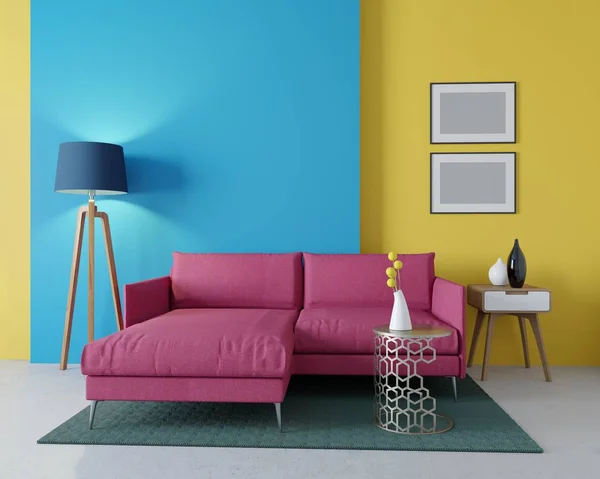 Interior Sala Estar Parede Pintada Azul Amarelo — Fotografia de Stock