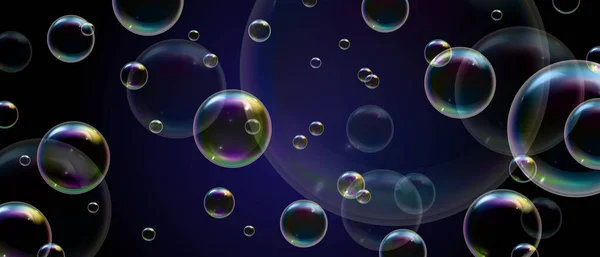 Реалистичные Мыльные Пузыри Радужным Отражением Черном Фоне Векторные Пенные Пузыри — стоковый вектор
