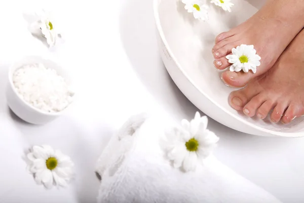 Female Feet Spa Bowl Towel Flowers White Background — Stock Photo, Image