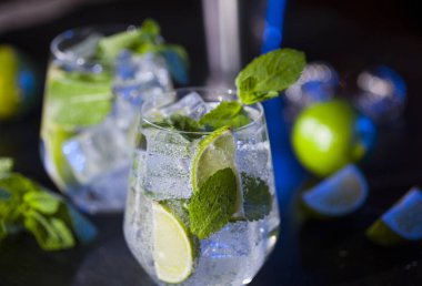 Mojito kokteyller closeup. Malzemeler ve bar gereçleri. Önden görünüm.