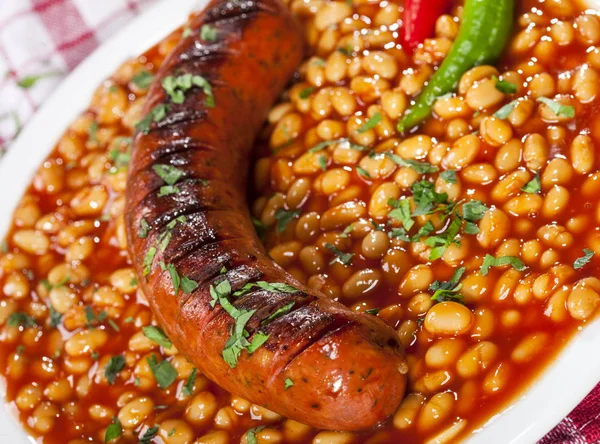 Beans Grilled Sausage Traditional European Homemade Meal — Stock Photo, Image
