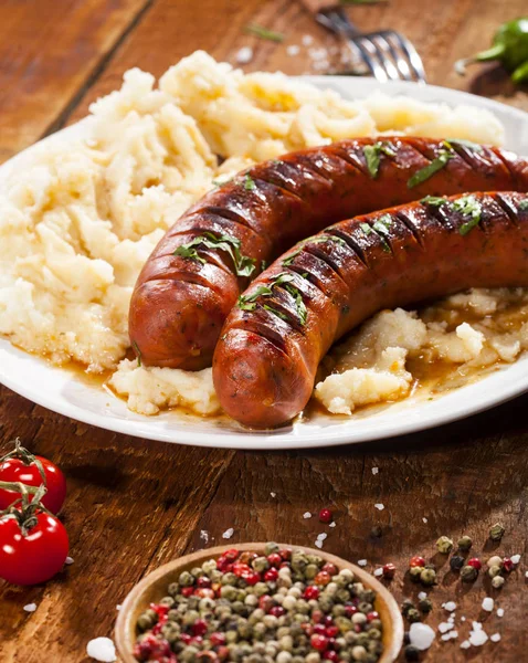Grilled Sausages Mashed Potato White Plate Wooden Background — Stock Photo, Image