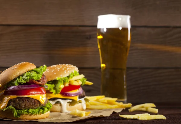 Two Different Delicious Burgers Glass Beer Wooden Background Copy Space — Stock Photo, Image