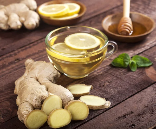 Ginger Tea Lemon Honey Mint Wooden Background — Stock Photo, Image