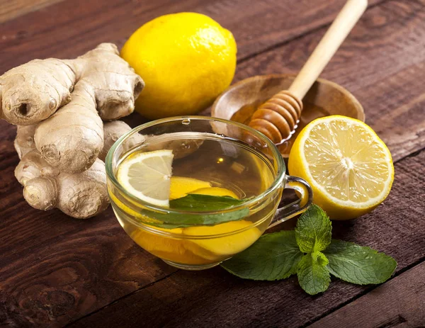 Ginger Tea Lemon Honey Mint Wooden Background — Stock Photo, Image