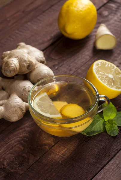 Ginger Tea Lemon Honey Mint Wooden Background — Stock Photo, Image