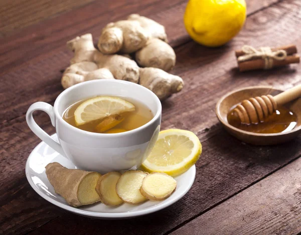 Ginger Tea Lemon Honey Cinnamon Wooden Background — Stock Photo, Image