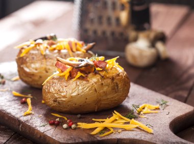 Fırında pastırma, kaşar peyniri, mantar ve dereotu ahşap masa üzerinde doldurulmuş patates