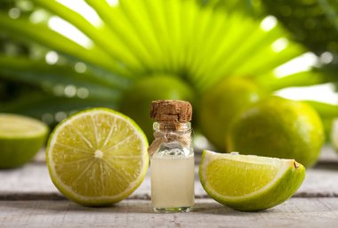 Kireç uçucu yağ yeşil yaprakları arka plan üzerinde