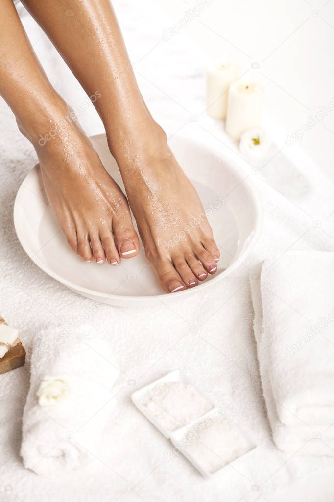 Foot spa on white background. Spa background.