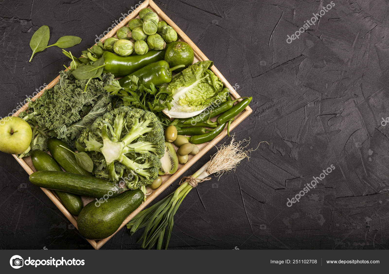 Green health food, fruits and vegetables. Top view with copy space ...