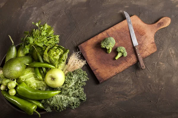 Green health food, fruits and vegetables. Top view with copy space. — Stock Photo, Image