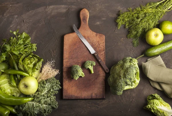 Green health food, frutta e verdura. Vista dall'alto con spazio di copia . — Foto Stock