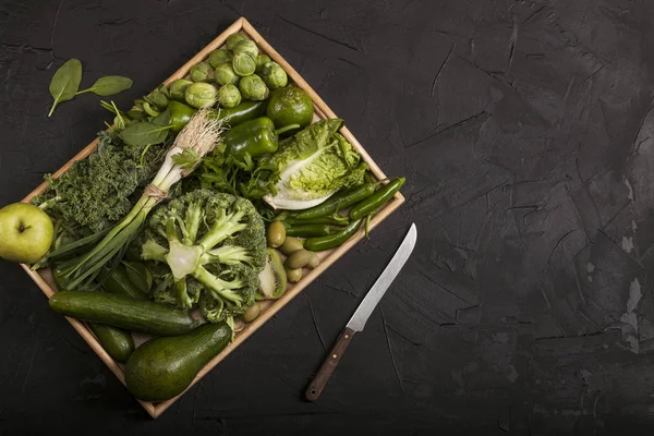 Alimento verde saludable, frutas y verduras. Vista superior con espacio de copia . — Foto de Stock