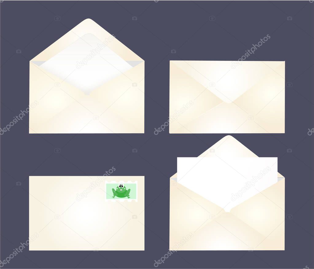4 types of envelopes - open, closed, front view, back view, frog stamp, with letter inside