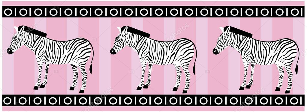 seamless pattern of zebras with rosy stripes in the background and a decorative border with black and white circles