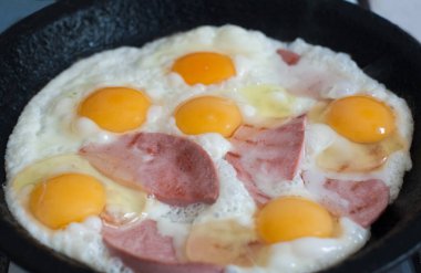 Tavada sosisli sahanda yumurta. Kahvaltı.