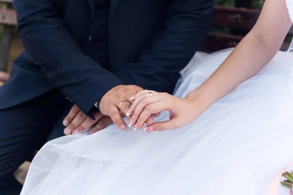 Bride Groom Sit Holding Hands Hands Close — Stock Photo, Image