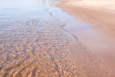 Kumlu bir sahilde kıyı şeridi, sıcak bir yaz fotoğrafı.