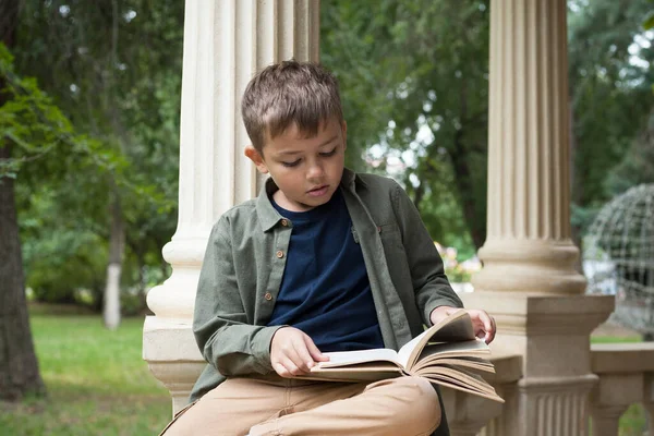 Ein Junge Europäischen Aussehens Liest Sorgfältig Ein Buch Das Park — Stockfoto