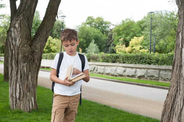 Ein Junge Europäischen Aussehens Weißem Shirt Mit Rucksack Liest Park — Stockfoto