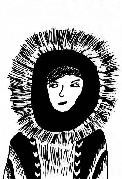 Eskimo Woman - El Çizilmiş Mürekkep Çizimi