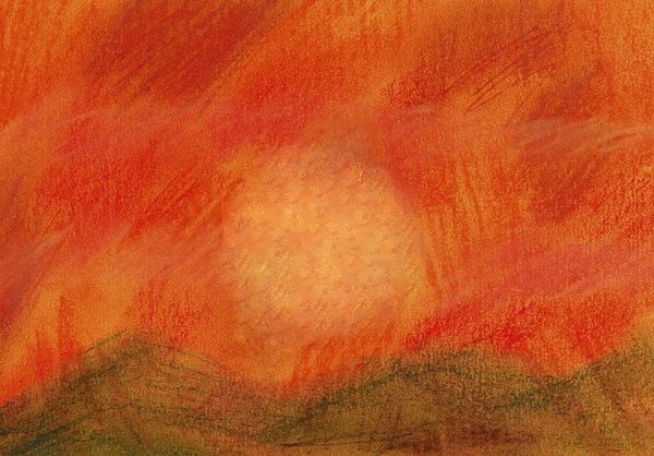 Sunset Over Hills, Hand Drawn Pastel Drawing — Stock Photo, Image
