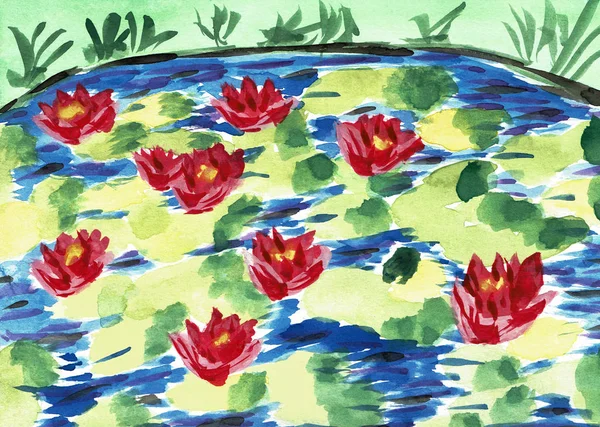睡蓮と小さなカエル、手描き水色絵画 — ストック写真