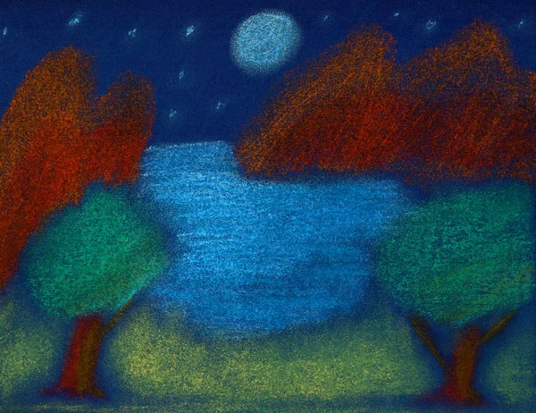 月光の海、手描きパステル画 — ストック写真