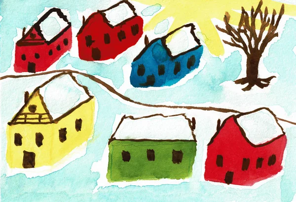 ノルウェーの木造住宅、手描き水色絵画 — ストック写真